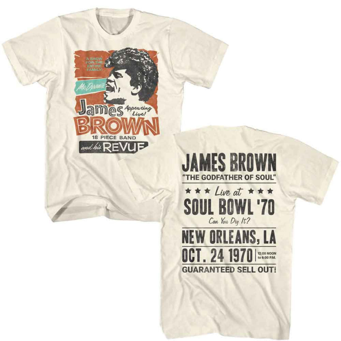 T-shirt with James Brown graphic and promotional text on a white background