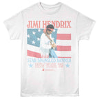 White t-shirt with a graphic of Jimi Hendrix and an American flag, text 'Jimi Hendrix Star Spangled Banner New York '69' on a white background.