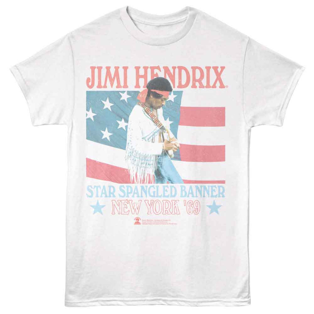 White t-shirt with a graphic of Jimi Hendrix and an American flag, text 'Jimi Hendrix Star Spangled Banner New York '69' on a white background.
