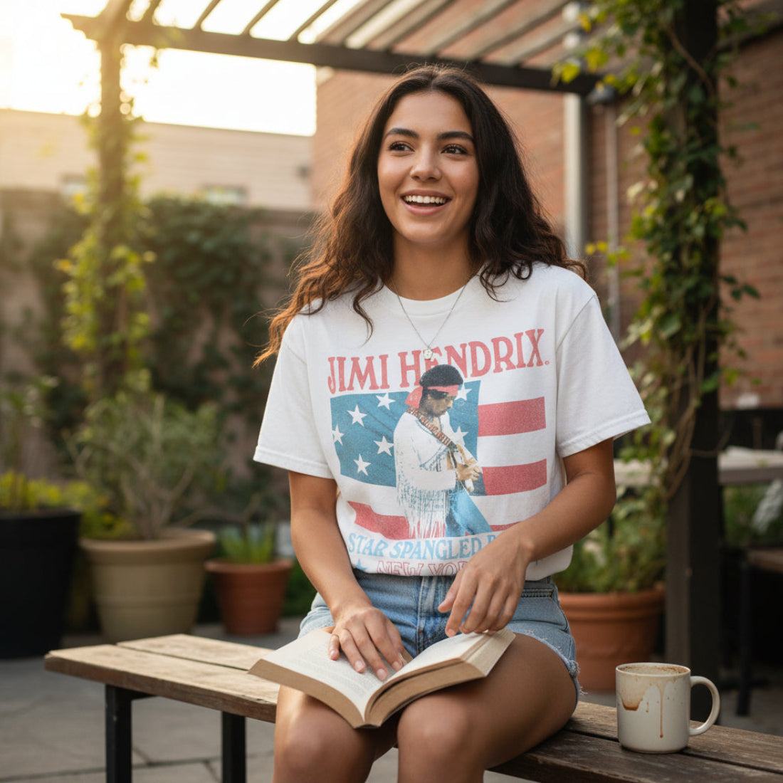 Girl wearing White t-shirt with Jimi Hendrix graphic featuring an American flag and text on a white background JHEN5105S, JHEN5105M, JHEN5105L, JHEN5105XL, JHEN5105XXL, JHEN5105XXXL, JHEN5105XXXXL, JHEN5105XXXXXL
