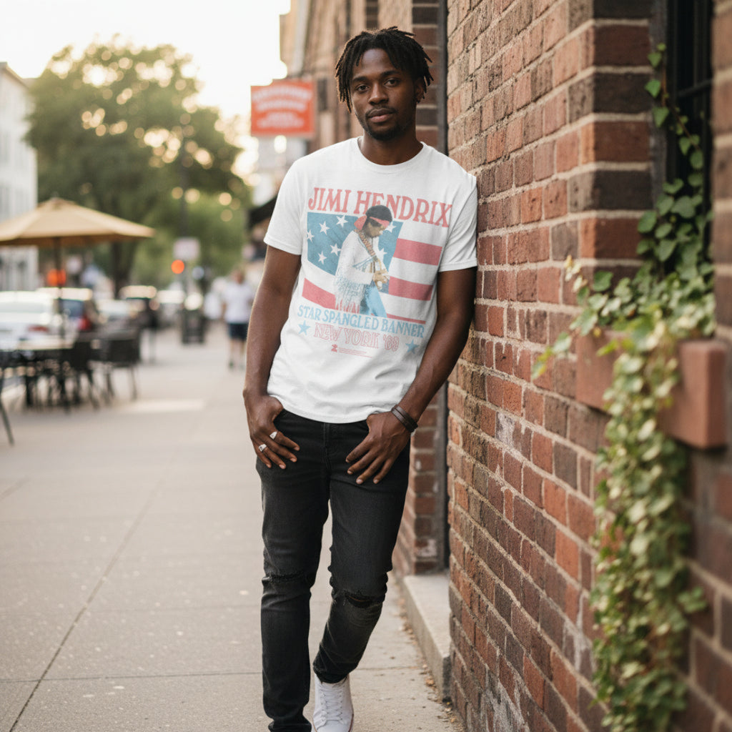 Man wearing White t-shirt with Jimi Hendrix graphic and American flag design JHEN5105S, JHEN5105M, JHEN5105L, JHEN5105XL, JHEN5105XXL, JHEN5105XXXL, JHEN5105XXXXL, JHEN5105XXXXXL