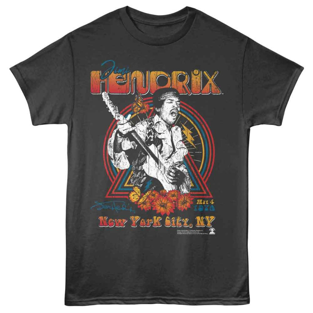 Black JIMI HENDRIX t-shirt with a graphic of a musician playing guitar, text, and design 