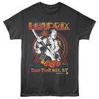 Black JIMI HENDRIX t-shirt with a graphic of a musician playing guitar, text, and design 
