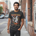 MAN WEARING Black t-shirt with a graphic of a musician playing guitar, featuring the name 'Hendrix' and text about New York City  JHEN5106S, JHEN5106M, JHEN5106L, JHEN5106XL, JHEN5106XXL