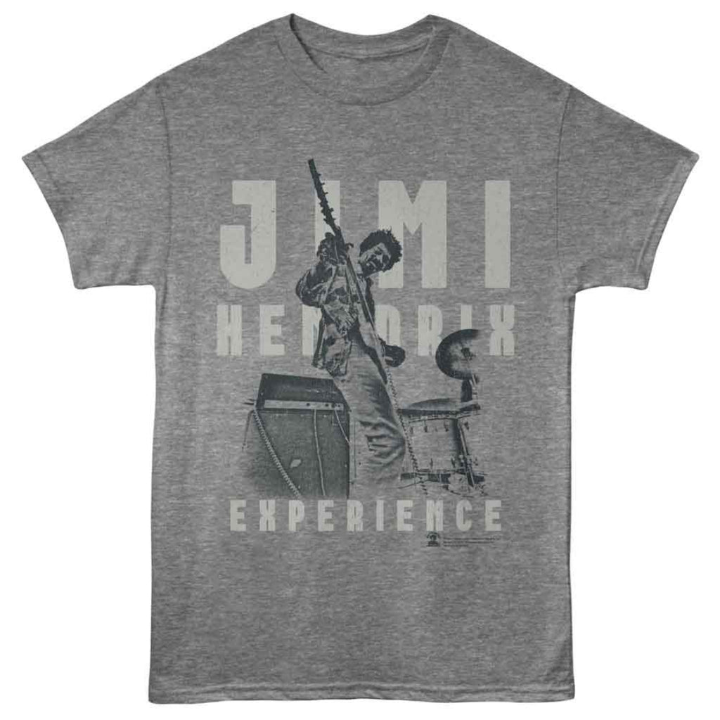 Gray t-shirt with graphic of a person playing guitar and text 'Jimi Hendrix Experience' on a white background