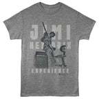 Gray t-shirt with graphic of a person playing guitar and text 'Jimi Hendrix Experience' on a white background
