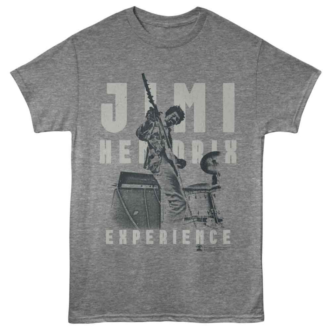 Gray t-shirt with graphic of a person playing guitar and text 'Jimi Hendrix Experience' on a white background