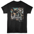 Black t-shirt with Jimi Hendrix graphic design on a white background