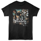 Black t-shirt with Jimi Hendrix graphic design on a white background