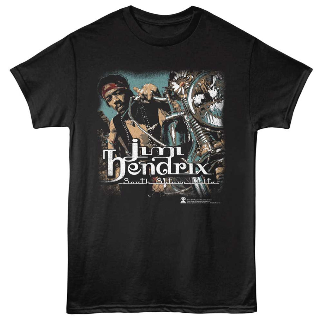 Black t-shirt with Jimi Hendrix graphic design on a white background