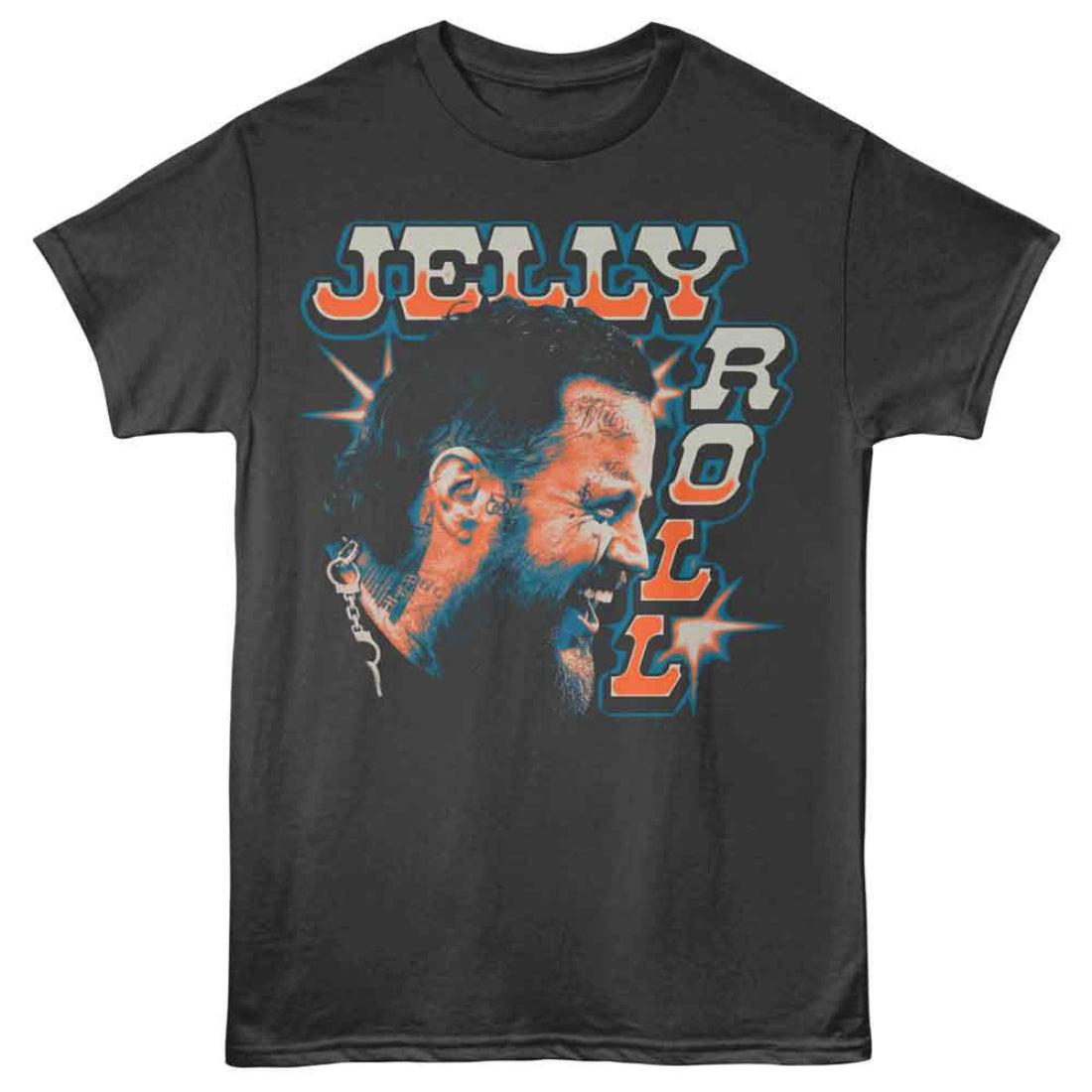 Black t-shirt with a graphic of a man's face and 'Jelly Roll' text on a white background