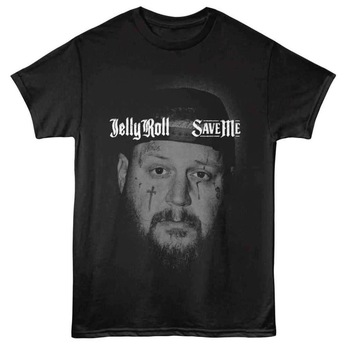 Black t-shirt with a graphic of a man's face and 'Jelly Roll Save Me' text on a white background