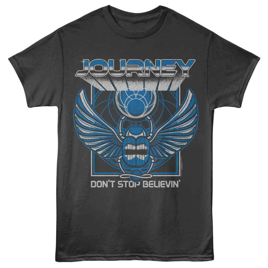 Black t-shirt with blue and white graphic design featuring 'Journey' and 'Don't Stop Believin'.