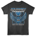 Black t-shirt with blue and white graphic design featuring 'Journey' and 'Don't Stop Believin'.