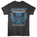 Black t-shirt with blue and white graphic design featuring 'Journey' and 'Don't Stop Believin'.
