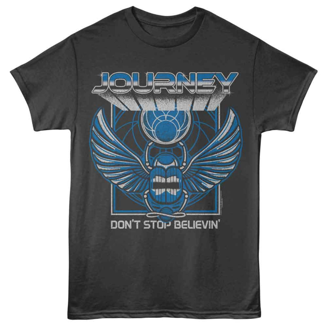 Black t-shirt with blue and white graphic design featuring 'Journey' and 'Don't Stop Believin'.