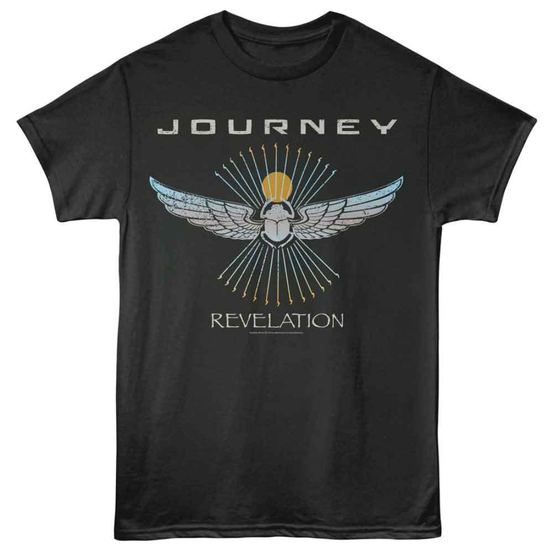 dark grey t-shirt with 'Journey Revelation' graphic design on a white background