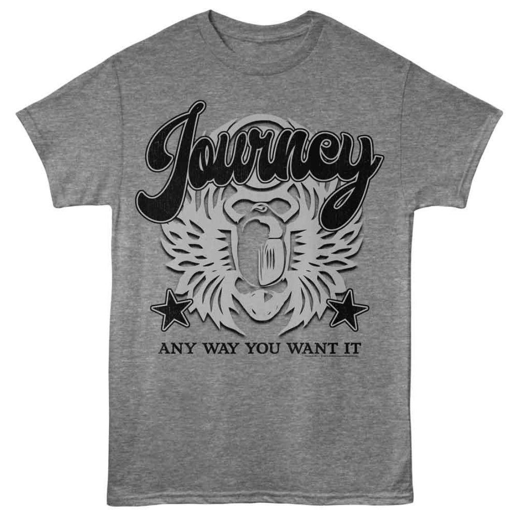 Gray t-shirt with 'Journey Any Way You Want It' graphic design on a white background