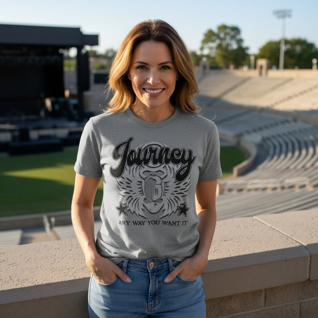 WOMAN WEARING Gray t-shirt with 'Journey Any Way You Want It' graphic design JOU5153S, JOU5153M, JOU5153L, JOU5153XL, JOU5153XXL, JOU5153XXXL, JOU5153XXXXL, JOU5153XXXXXL