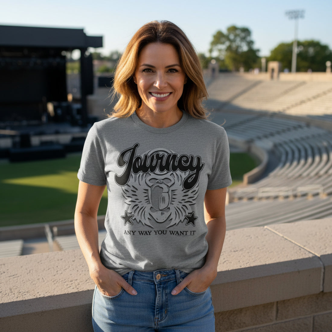 WOMAN WEARING Gray t-shirt with 'Journey Any Way You Want It' graphic design JOU5153S, JOU5153M, JOU5153L, JOU5153XL, JOU5153XXL, JOU5153XXXL, JOU5153XXXXL, JOU5153XXXXXL