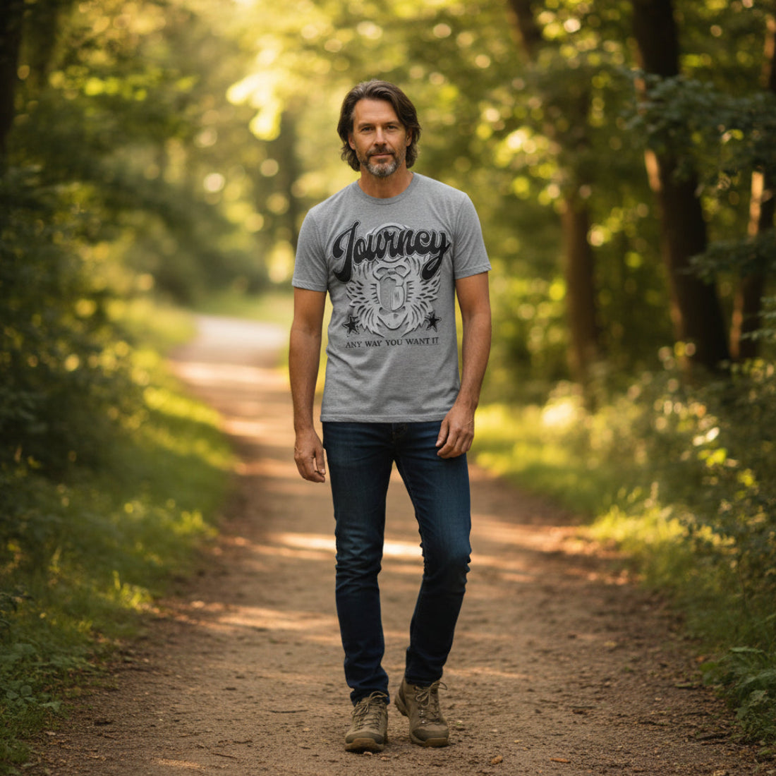 MAN WEARING Gray t-shirt with 'Journey Any Way You Want It' graphic design  JOU5153S, JOU5153M, JOU5153L, JOU5153XL, JOU5153XXL, JOU5153XXXL, JOU5153XXXXL, JOU5153XXXXXL