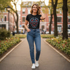 WOMAN WEARING Black t-shirt with 'Journey Evolution' graphic design JOU5153S, JOU5153M, JOU5153L, JOU5153XL, JOU5153XXL, JOU5153XXXL, JOU5153XXXXL, JOU5153XXXXXL