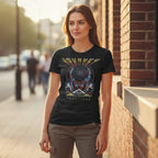 WOMAN WEARING Black t-shirt with 'Journey Frontiers' graphic design  JOU5155S, JOU5155M, JOU5155L, JOU5155XL, JOU5155XXL
