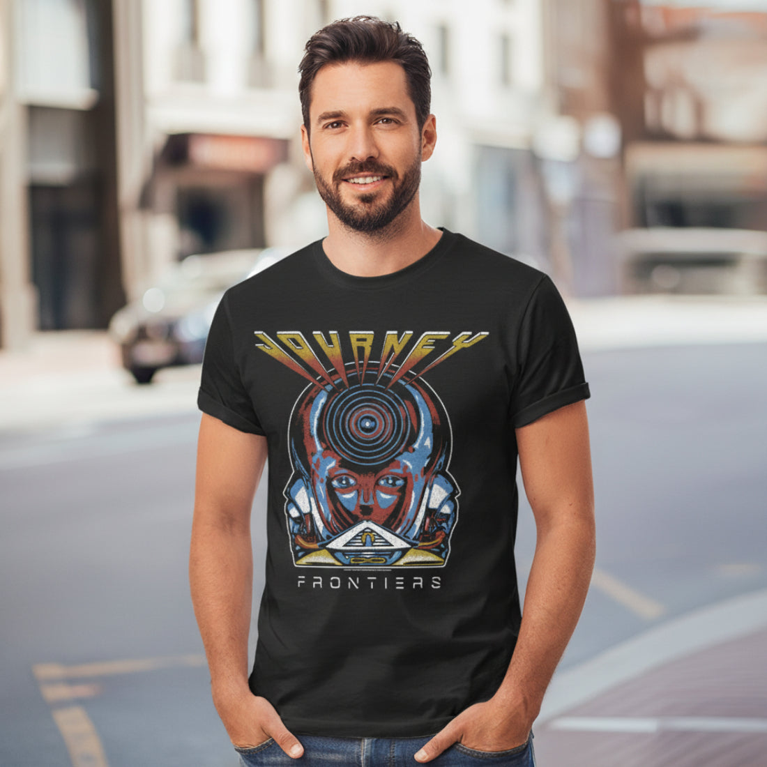 MAN WEARING Black t-shirt with 'Journey Frontiers' graphic design JOU5155S, JOU5155M, JOU5155L, JOU5155XL, JOU5155XXL