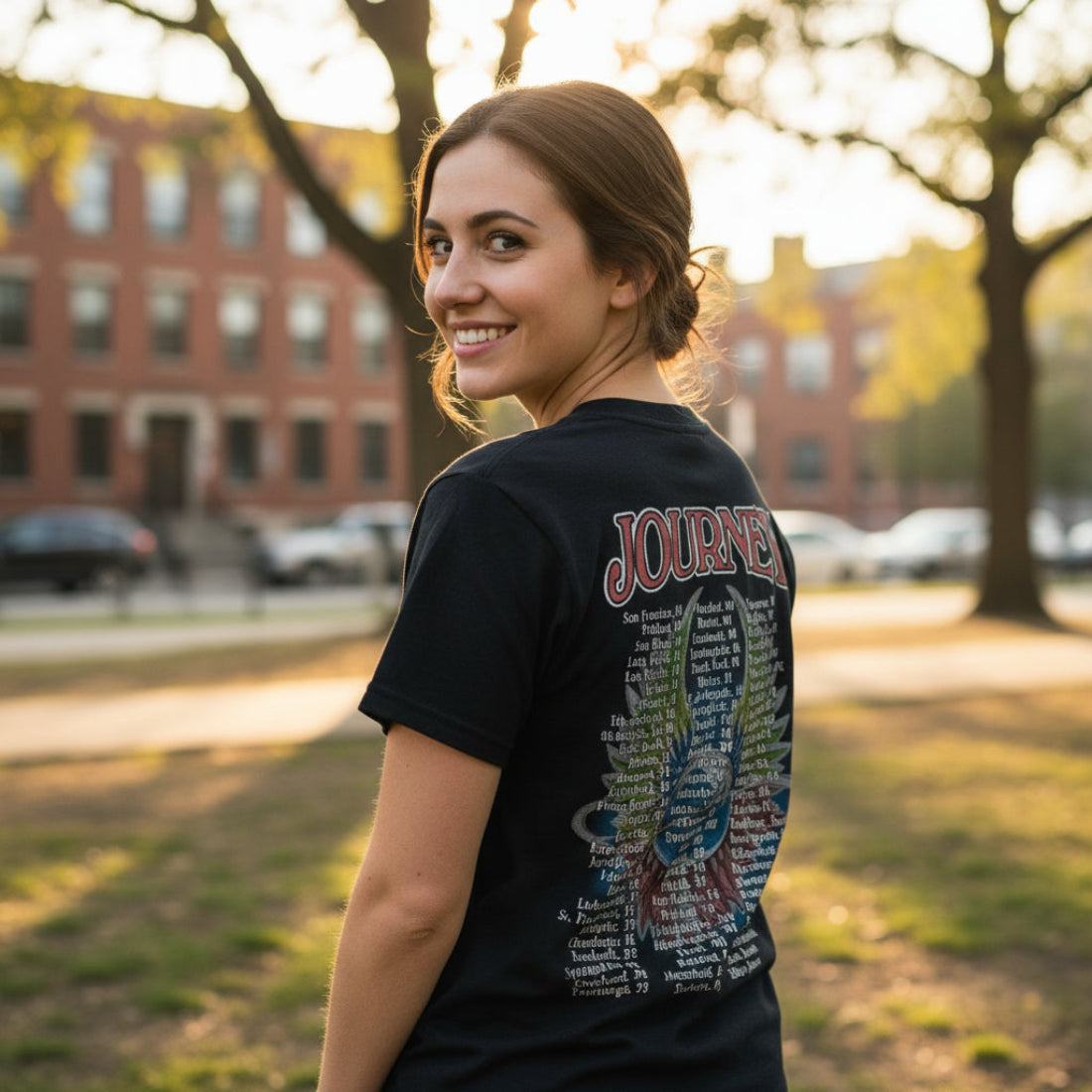 WOMAN WEARING Black t-shirt with 'Journey 79 Tour' design JOU5156S, JOU5156M, JOU5156L, JOU5156XL, JOU5156XXL, JOU5156XXXL, JOU5156XXXXL, JOU5156XXXXXL