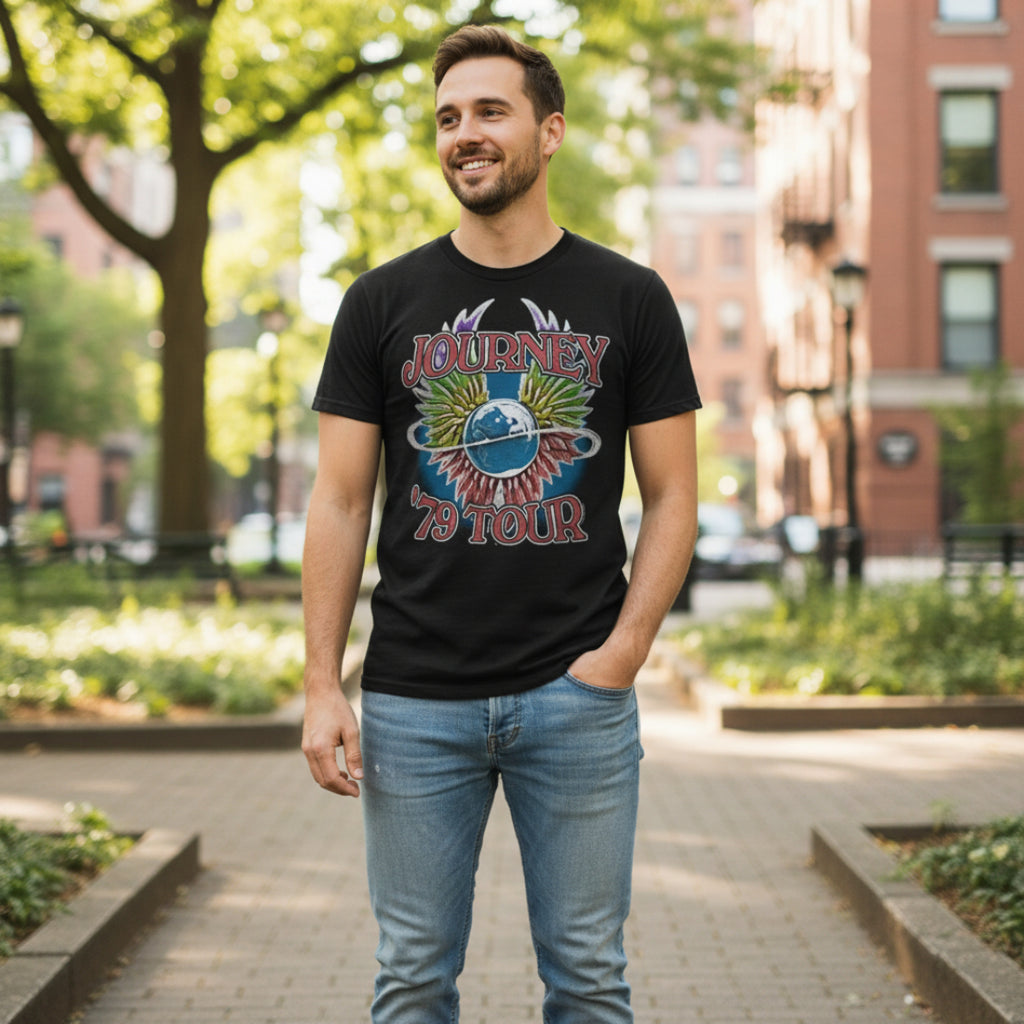 MAN WEARING Black t-shirt with 'Journey 79 Tour' design on front and back JOU5156S, JOU5156M, JOU5156L, JOU5156XL, JOU5156XXL, JOU5156XXXL, JOU5156XXXXL, JOU5156XXXXXL