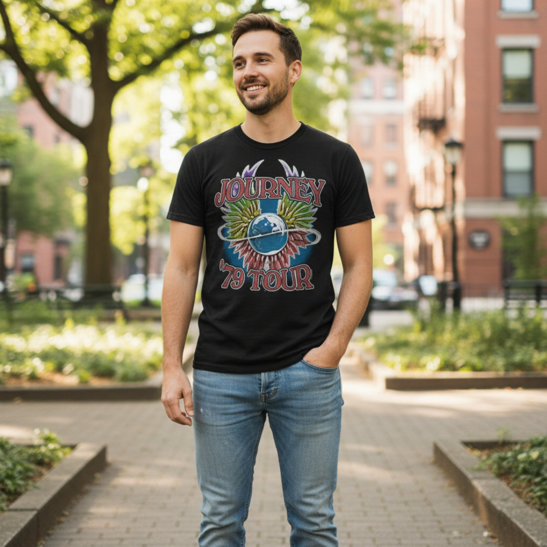 MAN WEARING Black t-shirt with 'Journey 79 Tour' design on front and back JOU5156S, JOU5156M, JOU5156L, JOU5156XL, JOU5156XXL, JOU5156XXXL, JOU5156XXXXL, JOU5156XXXXXL