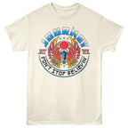 Beige t-shirt with colorful 'Journey' graphic design on a white background