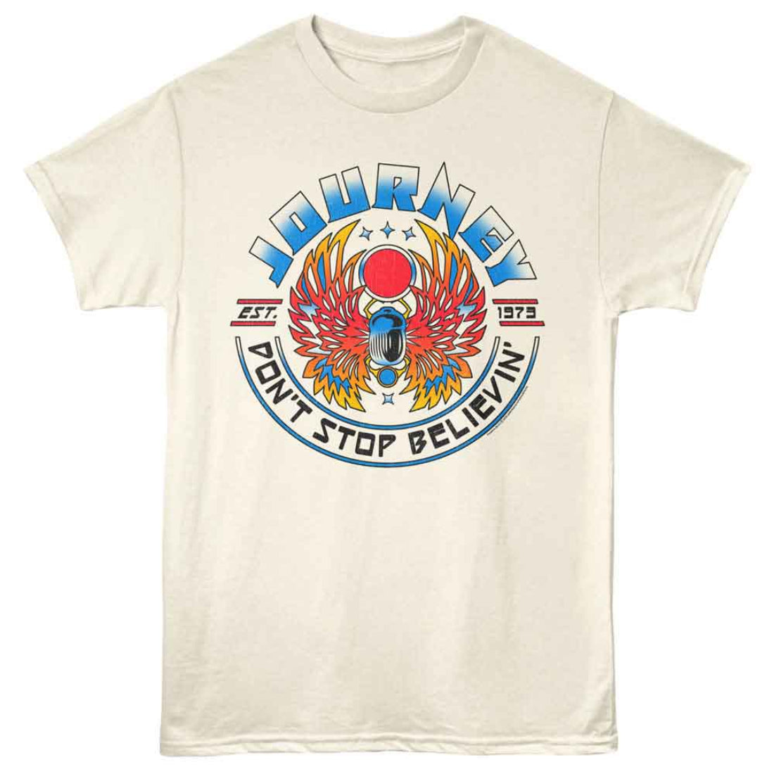 Beige t-shirt with colorful 'Journey' graphic design on a white background