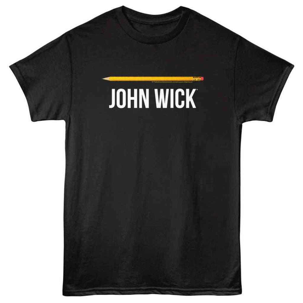 Black t-shirt with 'John Wick' and a pencil graphic on a white background