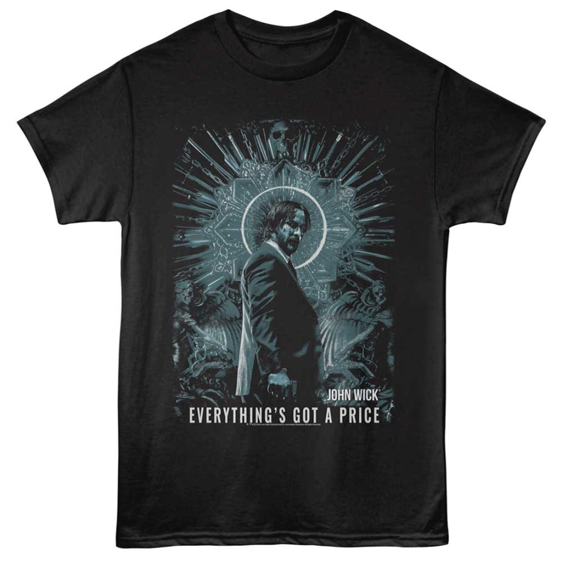 Black t-shirt with John Wick graphic and 'Everything's Got a Price' text on a white background