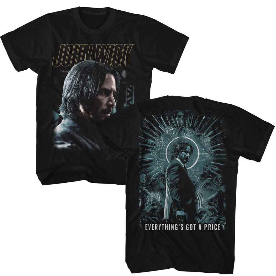 Black t-shirt with John Wick graphic and 'Everything's Got a Price' text on a white background