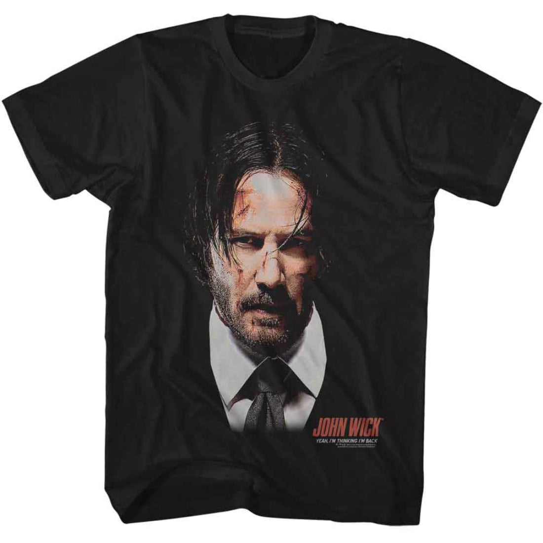 Black t-shirt with John Wick graphic and text on a white background