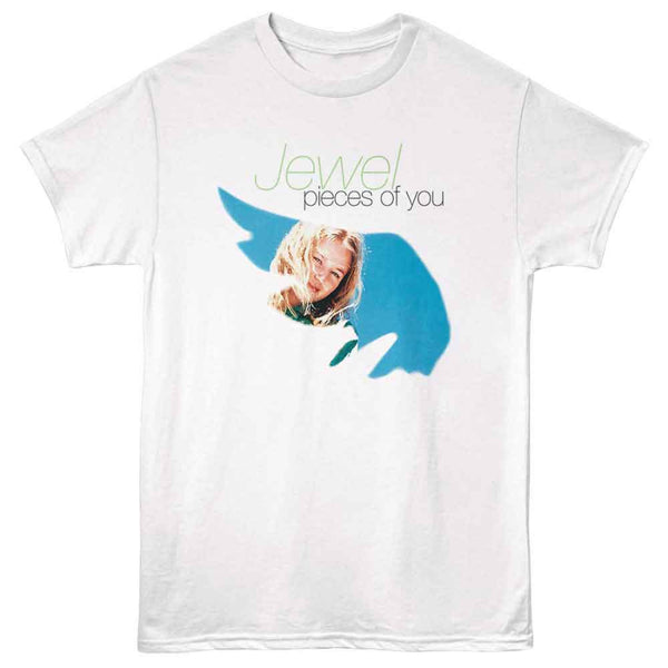 White t-shirt with 'Jewel' album cover design featuring a blue bird and a person's face.