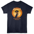 Navy blue t-shirt with 'Jewel Freewheelin' Woman' graphic design on a white background