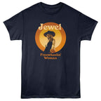 Navy blue t-shirt with 'Jewel Freewheelin' Woman' graphic design on a white background