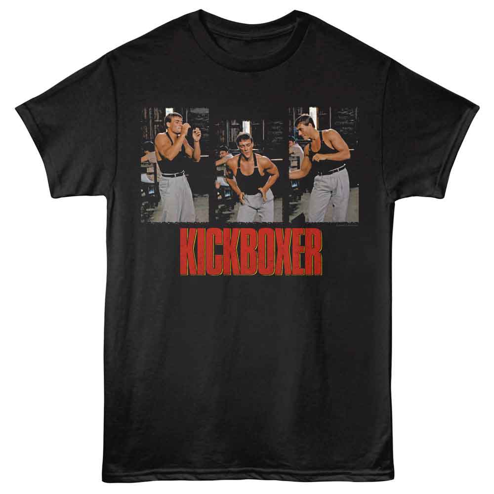 Black t-shirt with 'Kickboxer' graphic featuring a boxer in a boxing ring.