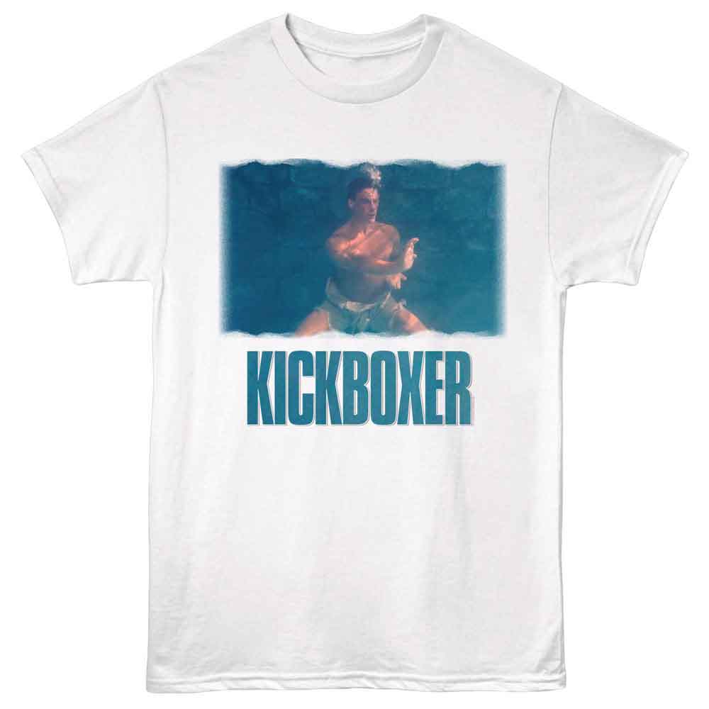 White t-shirt with 'Kickboxer' graphic design featuring a boxer in the ring.
