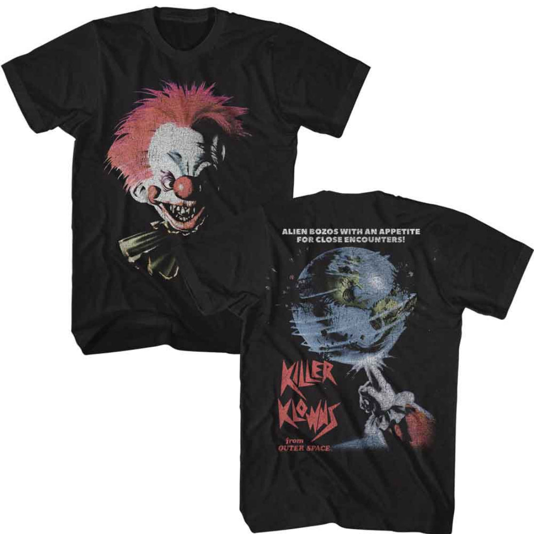 Black Killer Klowns t-shirt with a clown graphic on the front and text on the back, displayed on a white background.