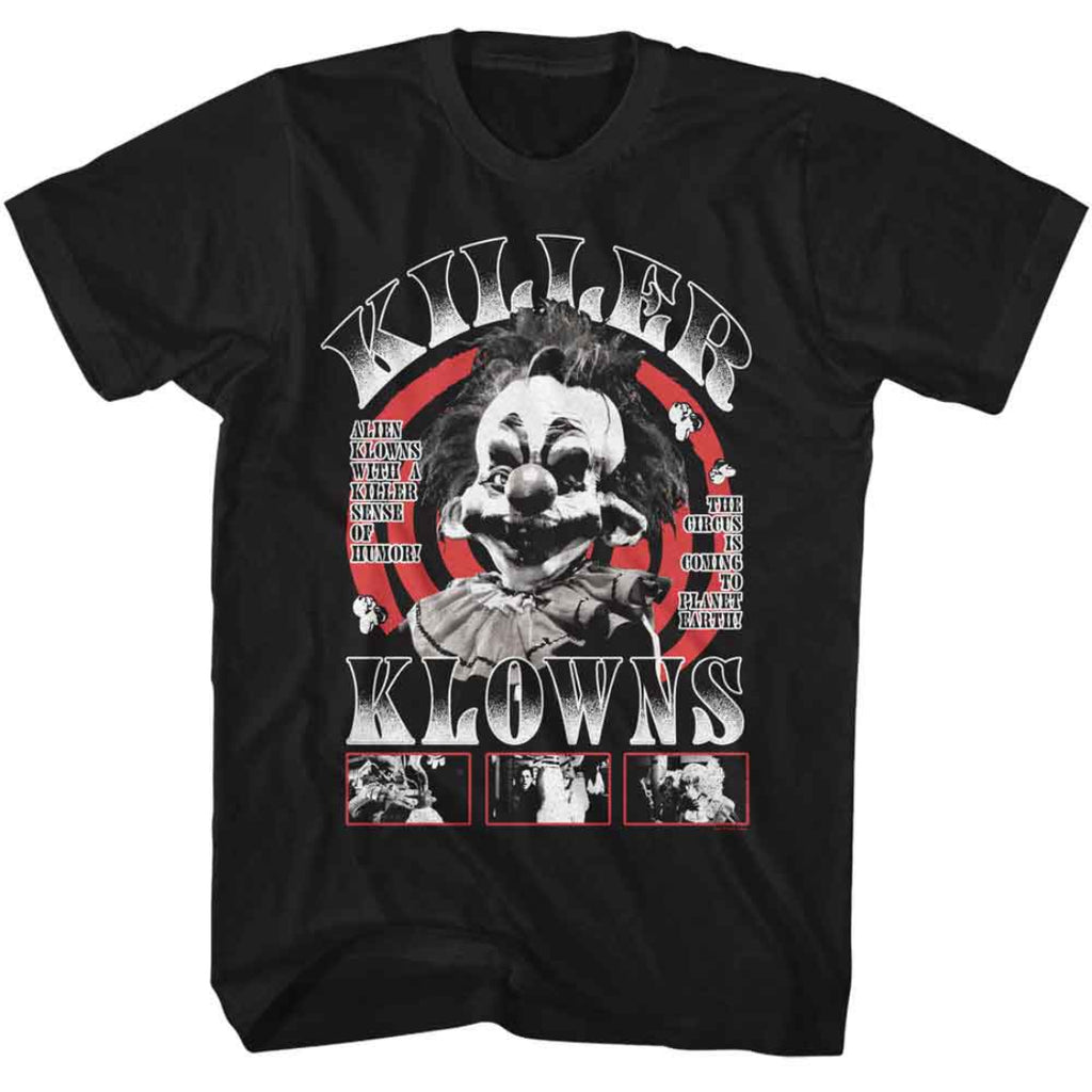 Black t-shirt with a graphic design of a clown and text 'Killer Klowns' on a white background.