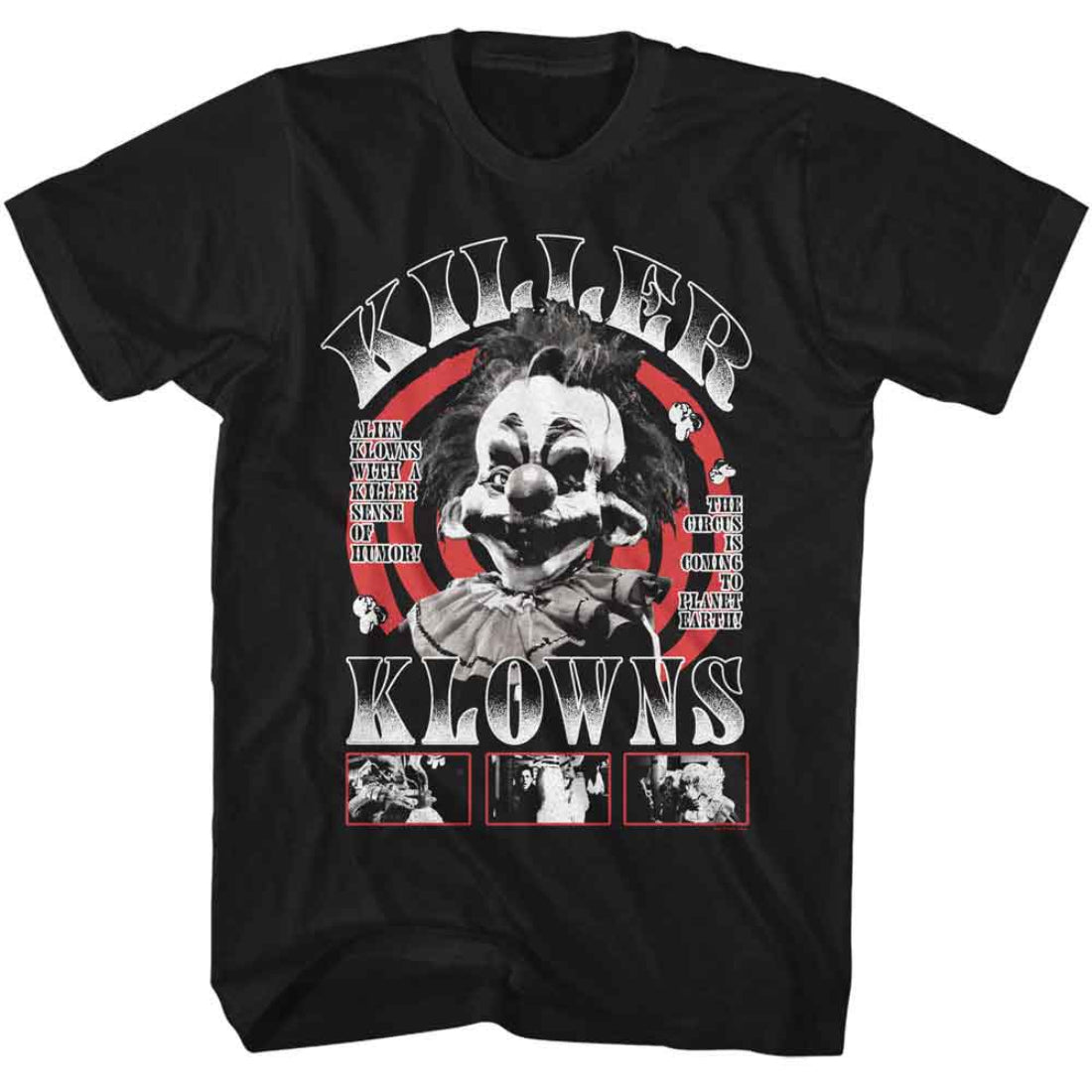 Black t-shirt with a graphic design of a clown and text 'Killer Klowns' on a white background.