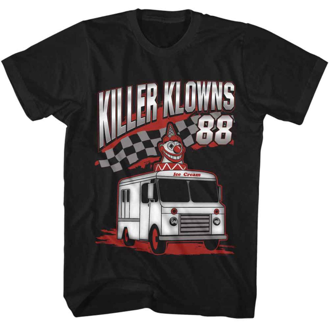 Black t-shirt with 'Killer Klowns 88' graphic design featuring an ice cream truck and clown.