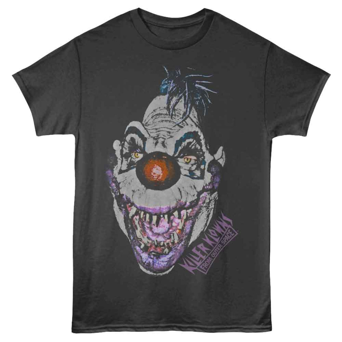 Black Killer Klowns t-shirt with a graphic design of a clown face on a white background