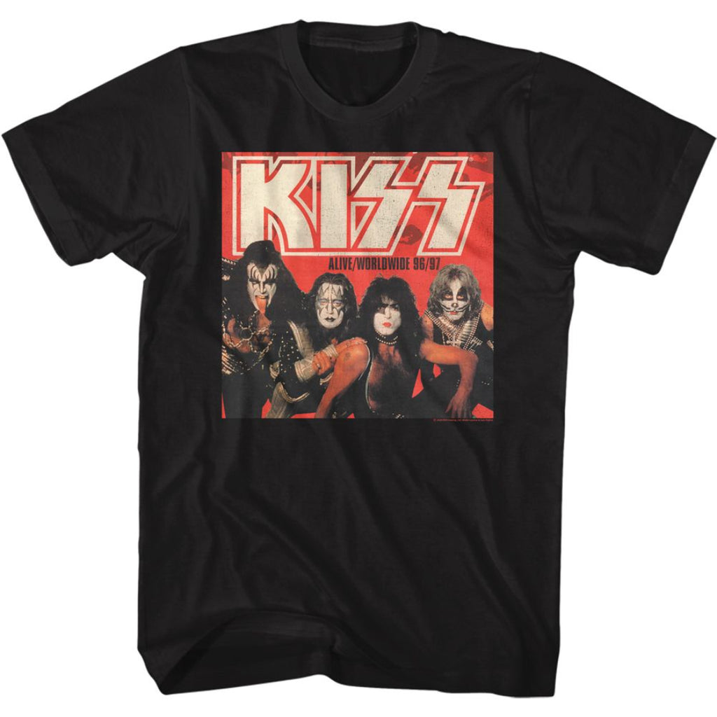 Black t-shirt with KISS band graphic on a white background
