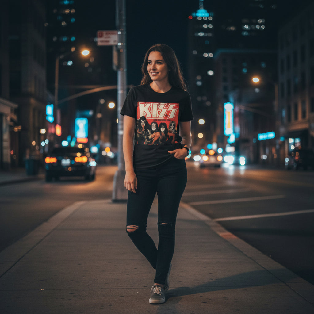 WOMAN WEARING Black t-shirt with KISS band graphic and logoKISS508S, KISS508M, KISS508L, KISS508XL, KISS508XXL, KISS508XXXL, KISS508XXXXL, KISS508XXXXXL