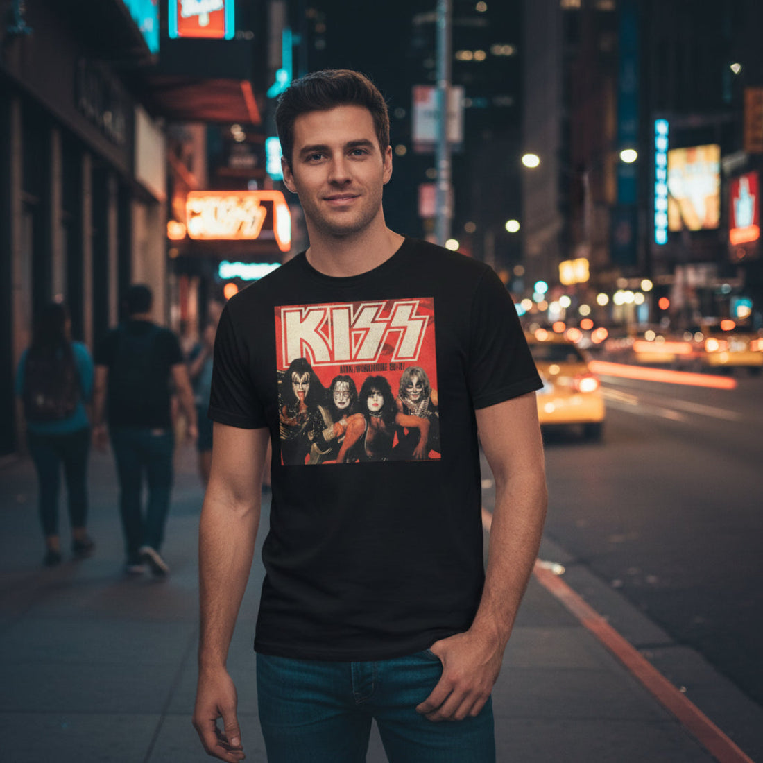 MAN WEARING Black t-shirt with KISS band graphic and logo KISS508S, KISS508M, KISS508L, KISS508XL, KISS508XXL, KISS508XXXL, KISS508XXXXL, KISS508XXXXXL